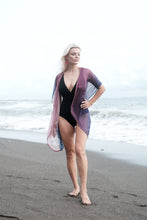 Load image into Gallery viewer, Sheer chiffon kimono kaftan in ombre purple with artisan rose gold trim, perfect for Dubai beach style

