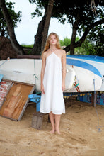 Load image into Gallery viewer, Lightweight chiffon Mimi midi beach dress with shimmering gold and silver foil specks, adjustable halter ties, and hand-sewn beadwork.