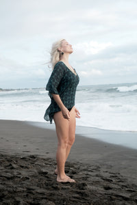 luxury beach kaftan top by vin and min, the ilya dark green indian inspired vneck kaftan