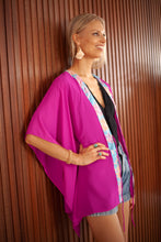 Load image into Gallery viewer, Utama women&#39;s beach kaftan in orchid purple chiffon – handcrafted in Bali with Indonesian batik details for a boho-chic Dubai beach look.