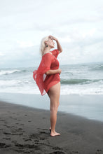 Load image into Gallery viewer, Flowy burnt orange beach kaftan cover-up with hand-sewn gold neckline trim for Dubai resort wear