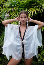 Load image into Gallery viewer, Sophisticated beachwear for women – white chiffon beach kaftan with crystal detail, made in Bali for women looking for best cover ups for the beach in Dubai
