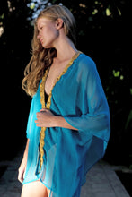 Load image into Gallery viewer, classic women&#39;s beach kaftan style with a modern twist, in turquoise crepe chiffon and gold sari trim, for women looking for best beach cover ups in Dubai