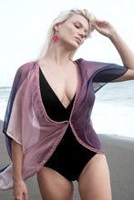 Load image into Gallery viewer, Elegant kimono beach kaftan with rose gold trim, perfect for luxury holidays in Dubai