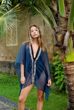 Load image into Gallery viewer, Women&#39;s glamorous teal crepe chiffon beach kaftan swimsuit cover up with rose gold gem-shaped bead trim, made in Bali for women looking for Dubai beach kaftans