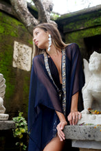 Load image into Gallery viewer, Flowy navy beach kaftan with gem-shaped sparkle neckline – sustainable and stylish fashion in Dubai

