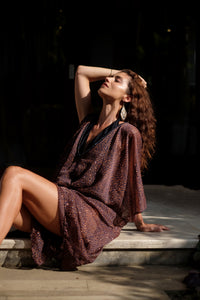 Tamala elegant leopard print beach kaftan in sheer textured chiffon, ideal for Dubai beach vacations and holidays