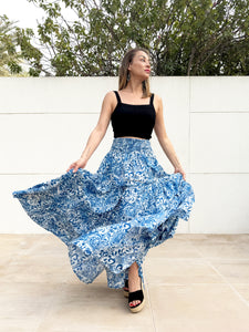Ethical resort wear made from artisan block print from India, the Gaia maxi skirt for women is available in Dubai

