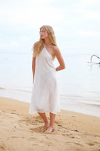 Load image into Gallery viewer, Flowy white midi halter dress featuring bead details and a timeless A-line silhouette for effortless style.