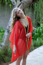 Load image into Gallery viewer, timeless and elegant beach kaftan for women in red and gold, handmade in Bali with slow fashion principles for women in Dubai looking for the best beach cover ups for the beach
