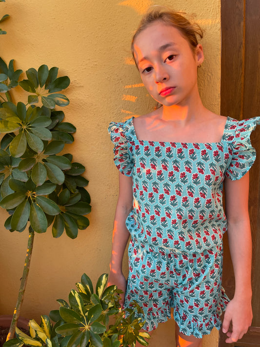 ella girls block print top and shorts set in green red floral handmade in India