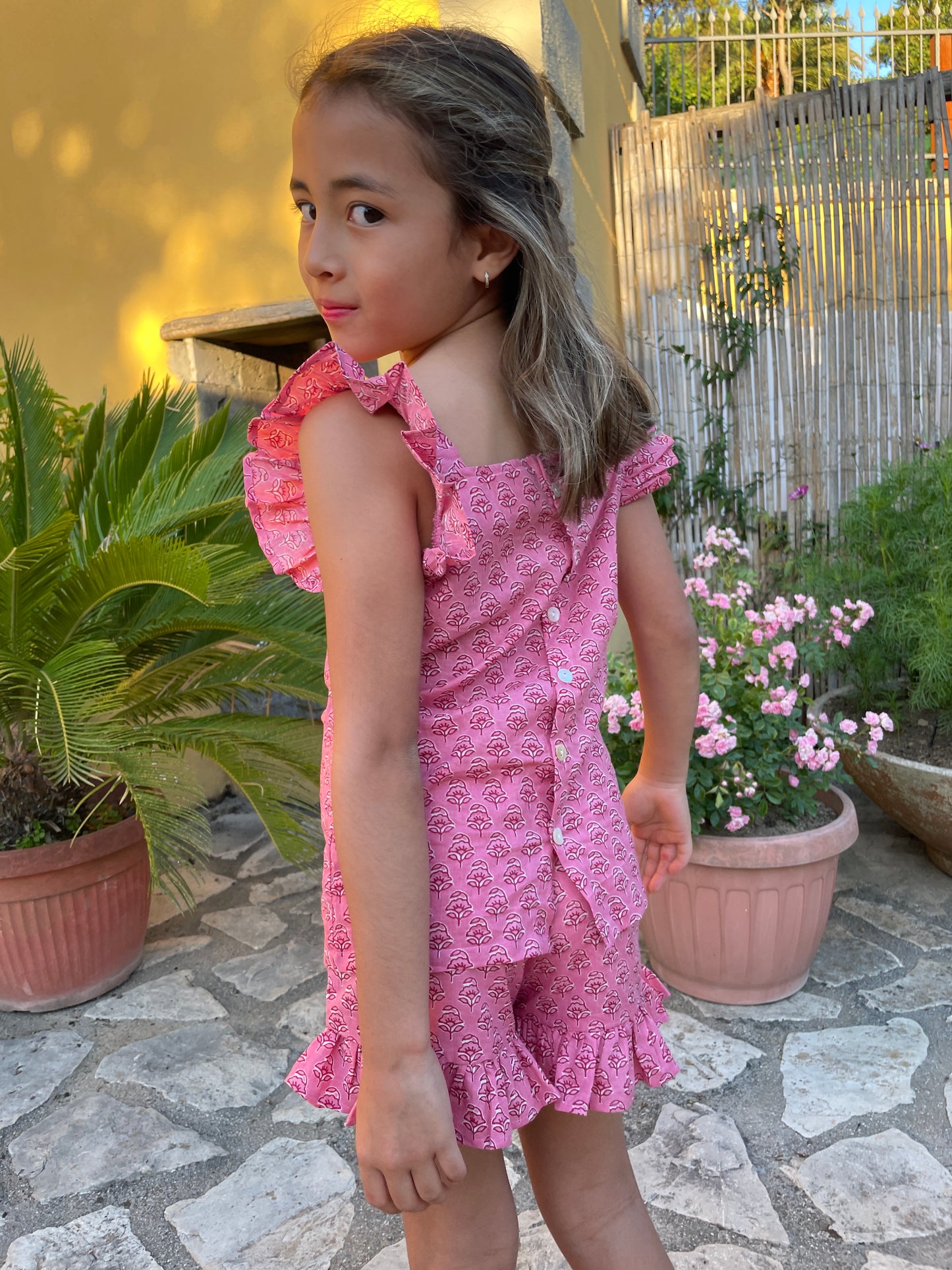 Sustainable Ella girls coord set rose pink floral soft made with block printed cotton with ruffles for girls in Dubai
