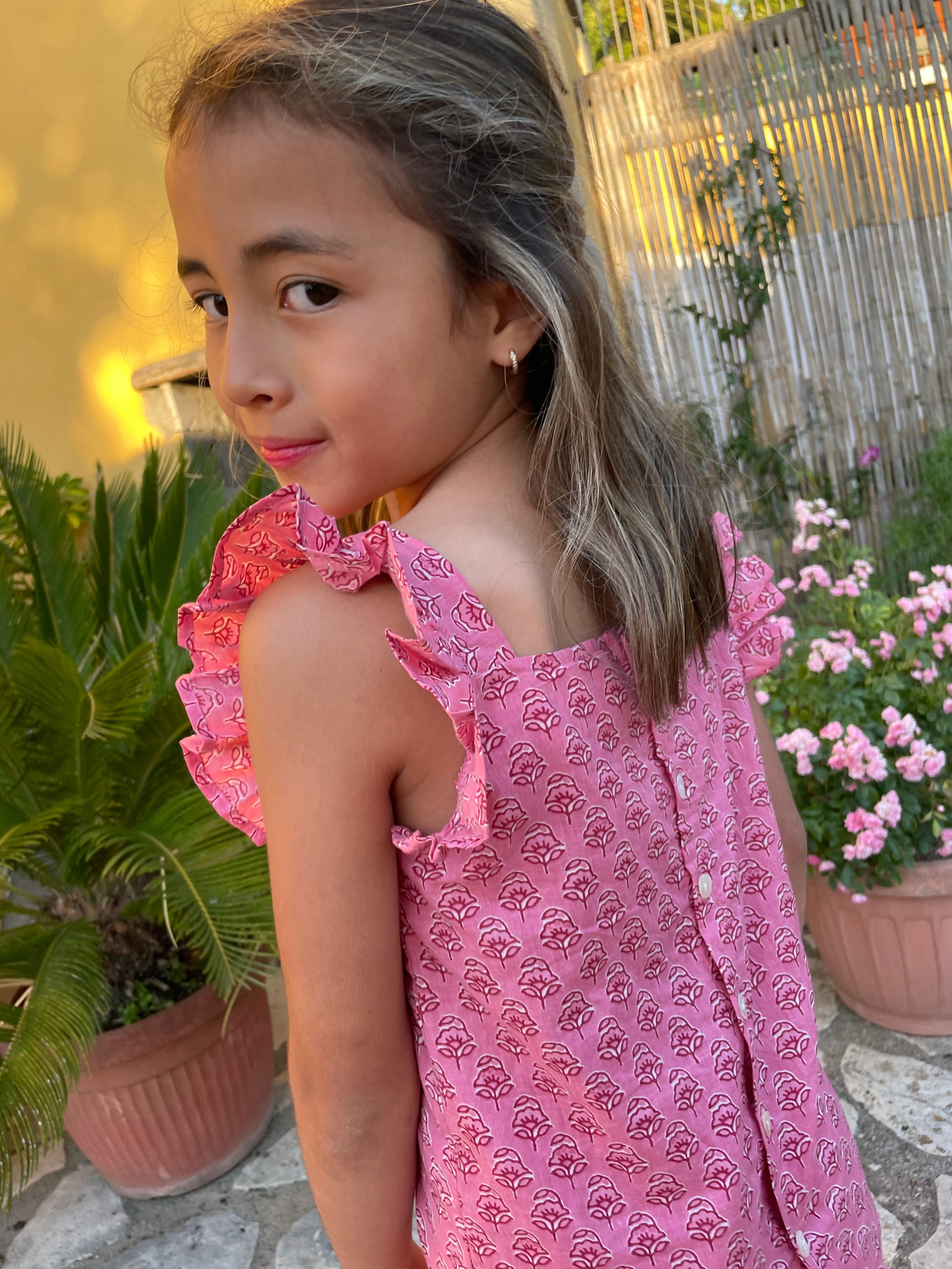 Stylish Ella girls coord set rose pink floral hand-stamped cotton for playdates & outings in Dubai