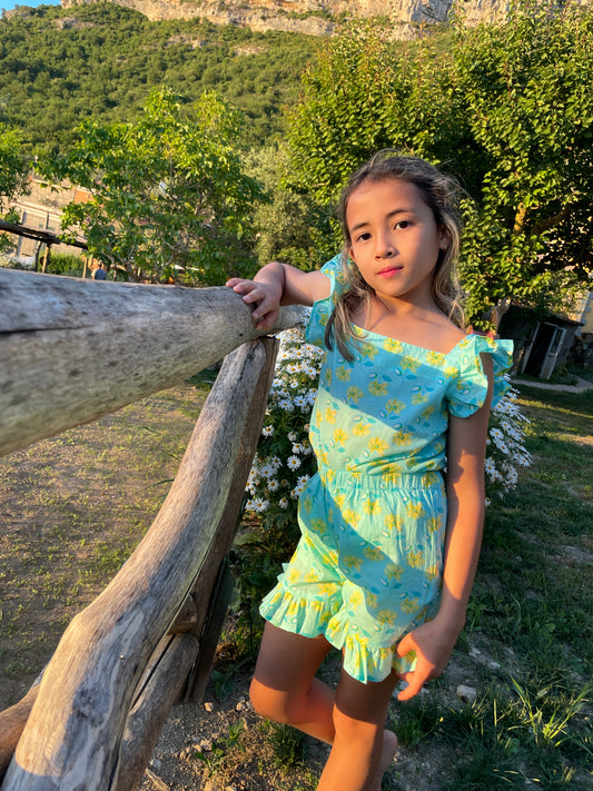 Girls aquamarine & yellow floral set with ruffled sleeves and shorts, made from handmade Indian block print, handmade in India, Dubai kids apparel