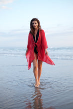 Load image into Gallery viewer, A glamorous beach resort kaftan in red lurex chiffon with rhinestone trimmed necklines &amp; sleeves, for glamorous pool parties &amp; beach days, as well as nights on the town, designed in Dubai, sustainably handmade in Bali