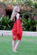 Load image into Gallery viewer, Luxury resort wear kaftan in vibrant red chiffon with hand-sewn neckline beads, for women in dubai looking for sustainable beach kaftans
