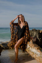 Load image into Gallery viewer, Luxurious handmade black and bronze floral beach kaftan swimsuit cover up for women in Dubai and UAE

