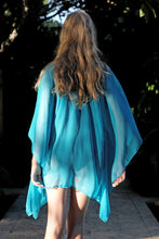Load image into Gallery viewer, Luxurious swimsuit cover-up in turquoise chiffon with gold trim, handmade and sustainable resort wear from Bali for women looking where to buy kaftans in Dubai
