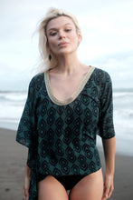 Load image into Gallery viewer, Chiffon dark green kaftan top with navy Indian print and gold trim – Dubai beachwear
