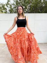 Load image into Gallery viewer, Gaia artisan-made orange floral block print maxi skirt with breathable cotton  and plant-based dyes, for sale in Dubai
