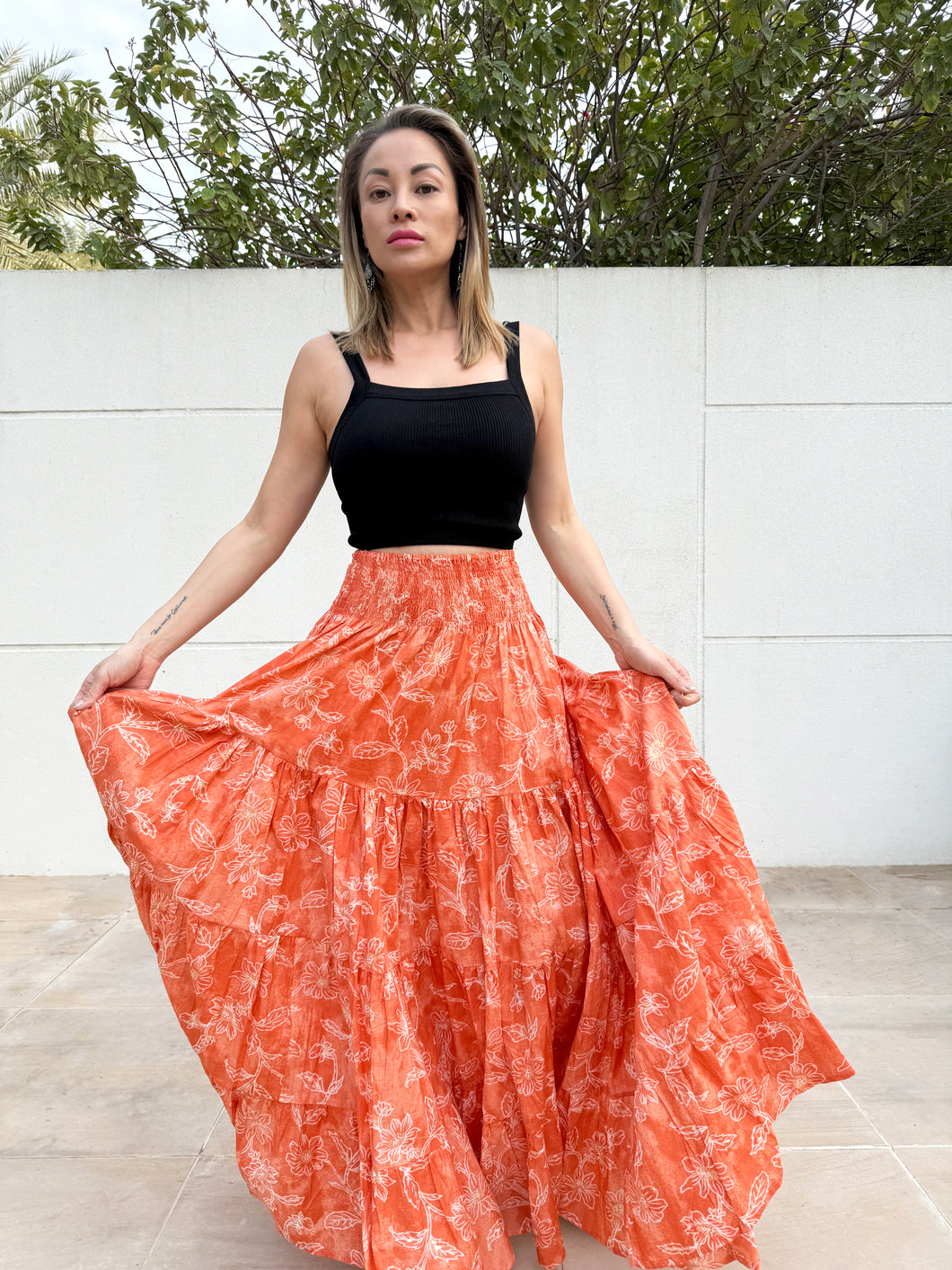 Gaia artisan-made orange floral block print maxi skirt with breathable cotton  and plant-based dyes, for sale in Dubai
