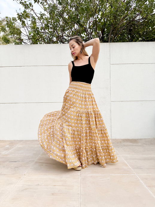 Gaia Block Print Skirt in Mustard Yellow Nature-Inspired Motif, Handmade in India with Eco-Friendly Plant-Based Dyes