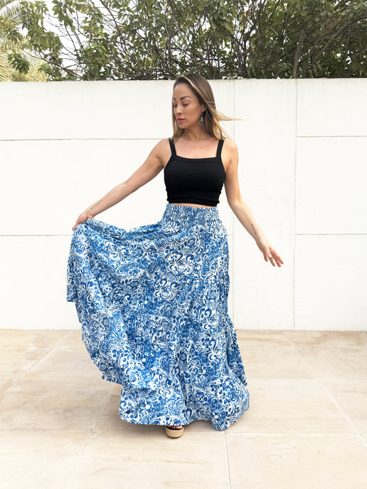 Gaia blue floral artisan block print maxi skirt for women handmade from sustainable cotton, for sale in Dubai
