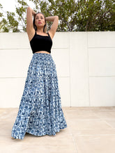 Load image into Gallery viewer, Gaia blue floral block print skirt for women, handmade in India, eco-friendly cotton fabric