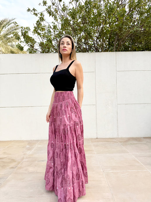 Gaia colorful purple block print maxi skirt, artisan-crafted resort wear for Dubai