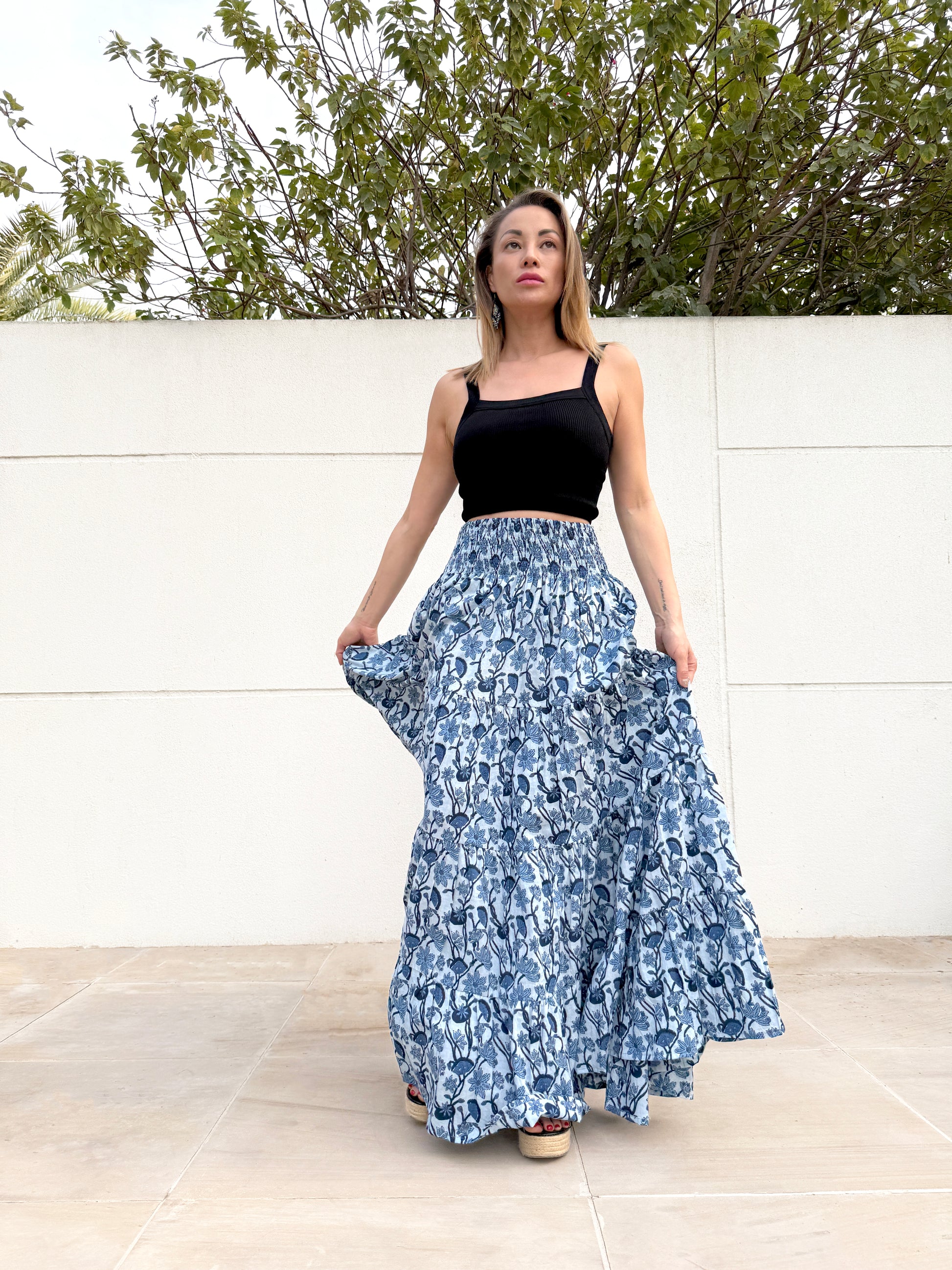 Gaia sustainable blue floral block print skirt, handmade in small batches, resort-ready in Dubai