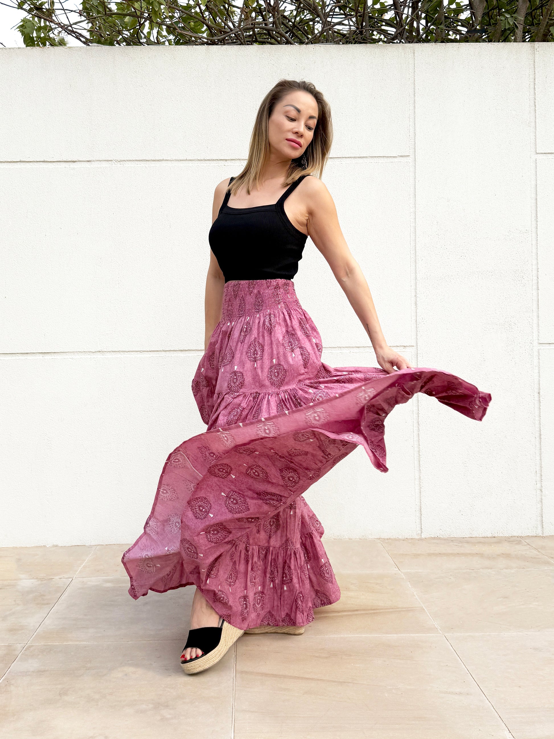 Gaia sustainable purple floral maxi skirt for women, handmade for resort wear Dubai