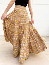Load image into Gallery viewer, Sustainable Gaia Block Print Skirt in Mustard Yellow, Hand-Stamped Cotton with Nature-Inspired Design, Ideal for Dubai Resort Wear