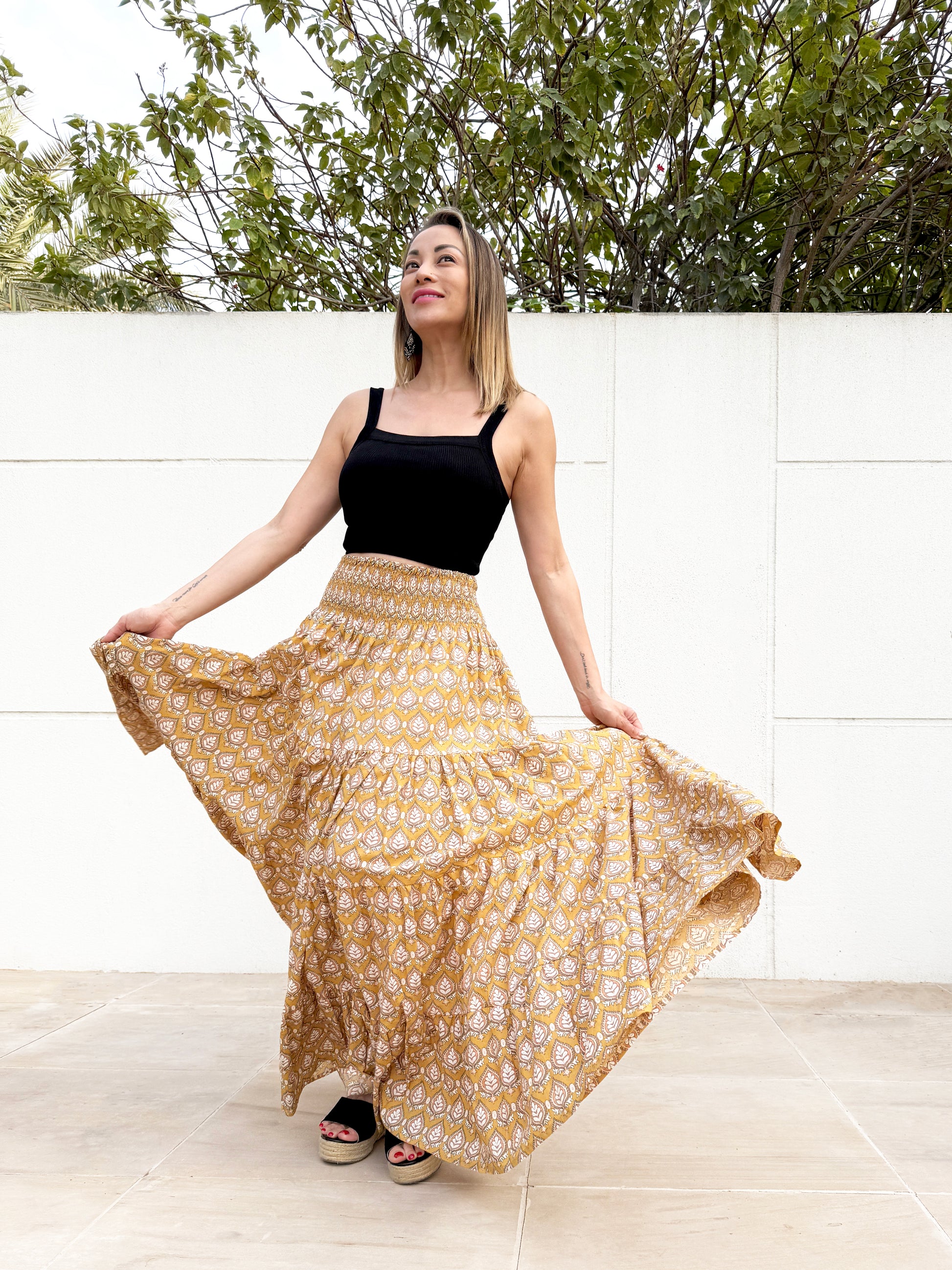 Mustard Yellow Gaia Block Print Skirt, Handcrafted with Eco-Friendly Dyes, Four Tiers of Ruffles for Elegant Movement, sustainable fashion in Dubai