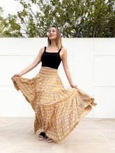 Load image into Gallery viewer, Mustard Yellow Gaia Block Print Skirt, Handcrafted with Eco-Friendly Dyes, Four Tiers of Ruffles for Elegant Movement, sustainable fashion in Dubai