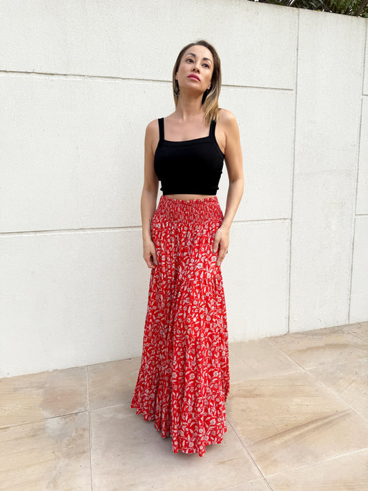 Gaia red floral artisan block print maxi skirt for women handmade from sustainable cotton