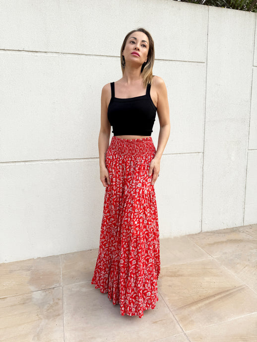 Gaia red floral artisan block print maxi skirt for women handmade from sustainable cotton