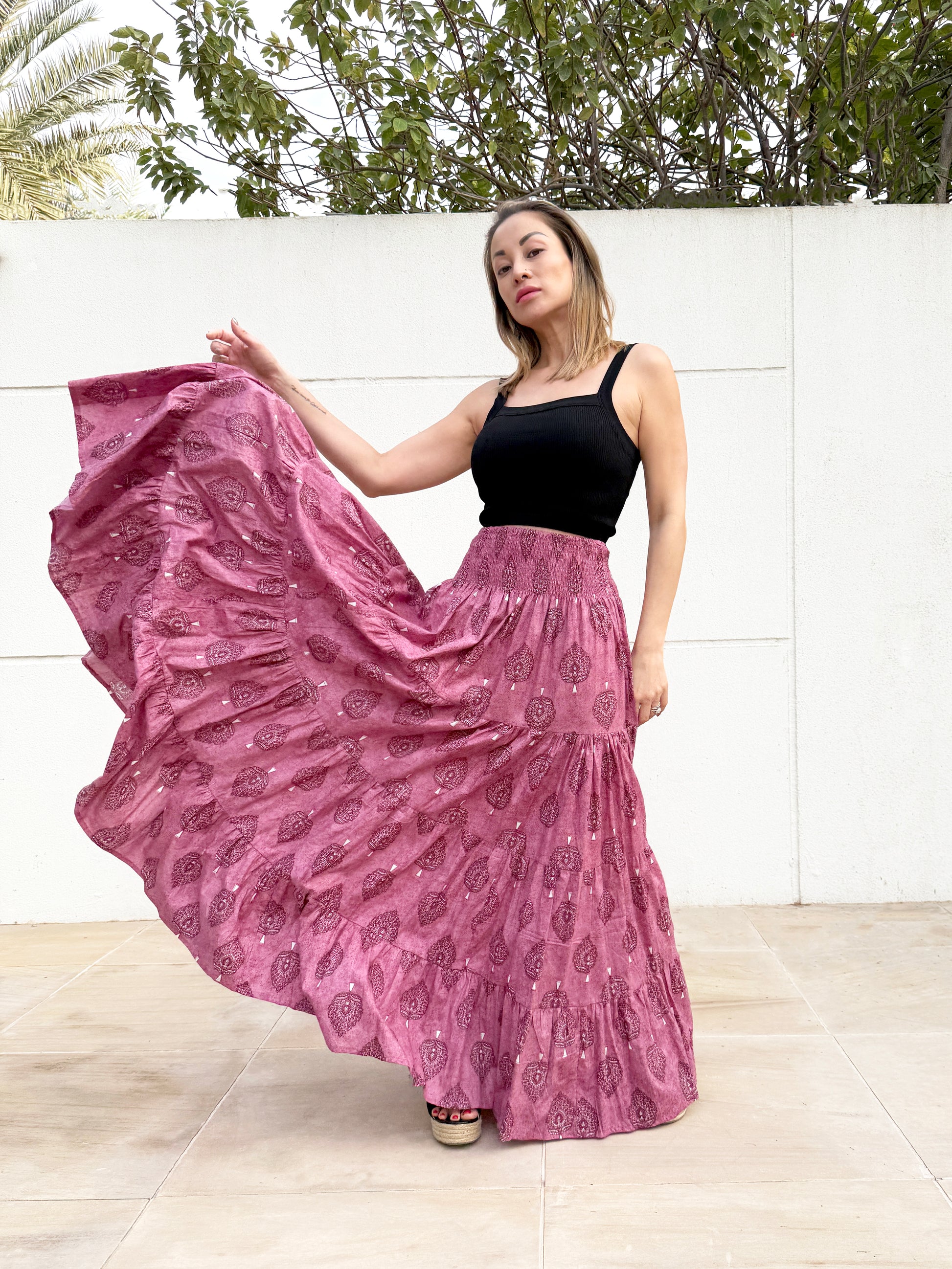 Gaia purple hand-stamped cotton maxi skirt, eco-friendly slow fashion Dubai