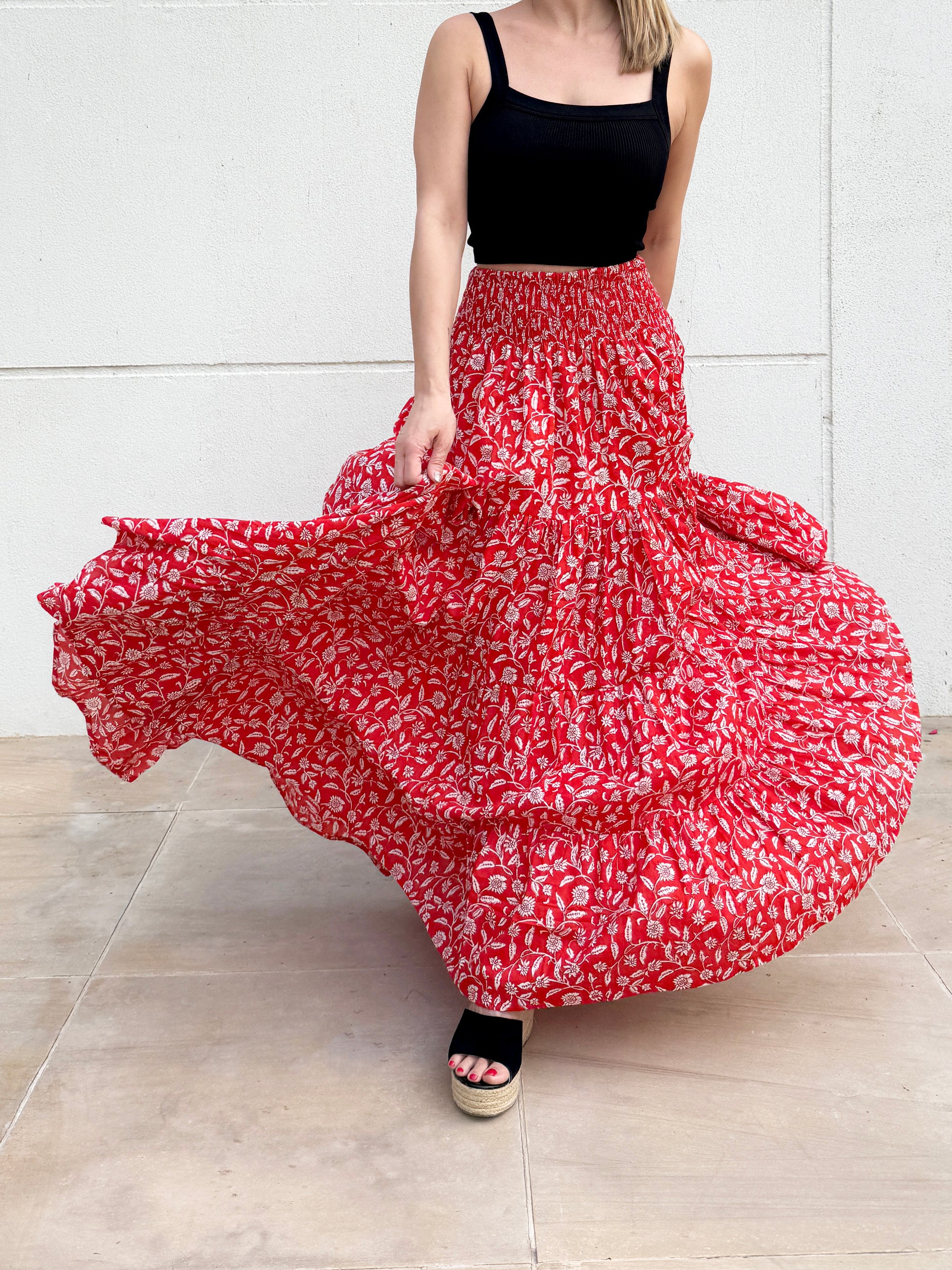 Gaia ethical slow fashion red floral block print skirt for women in Dubai