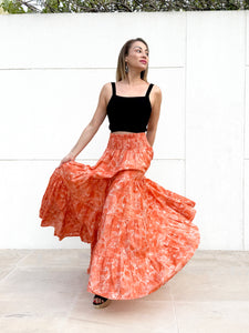Gaia sustainable orange floral cotton maxi skirt with gold accents slow fashion Dubai