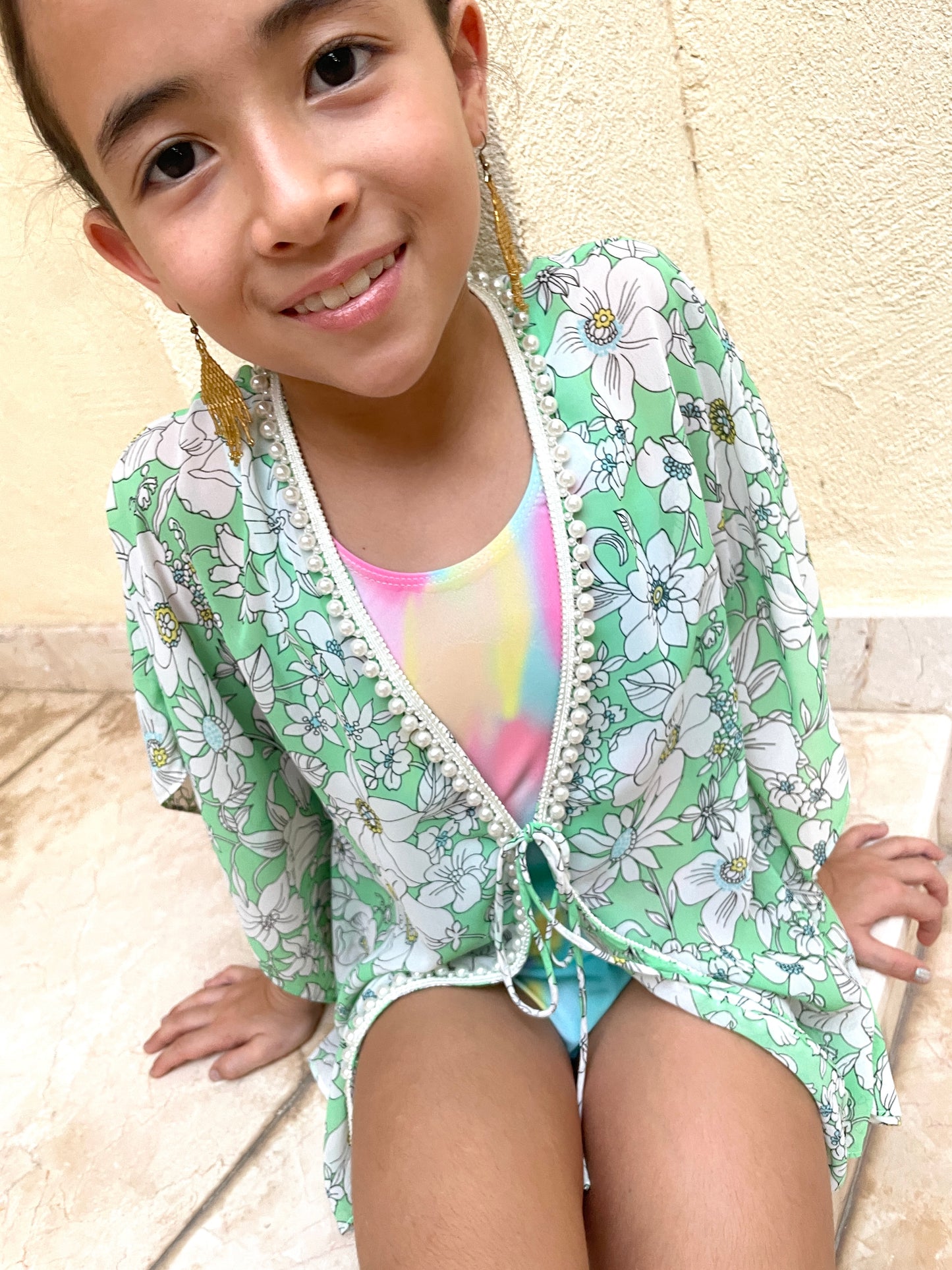 floral chiffon girls beach kaftan cover up in green with pearly neckline – sustainable kids resort wear