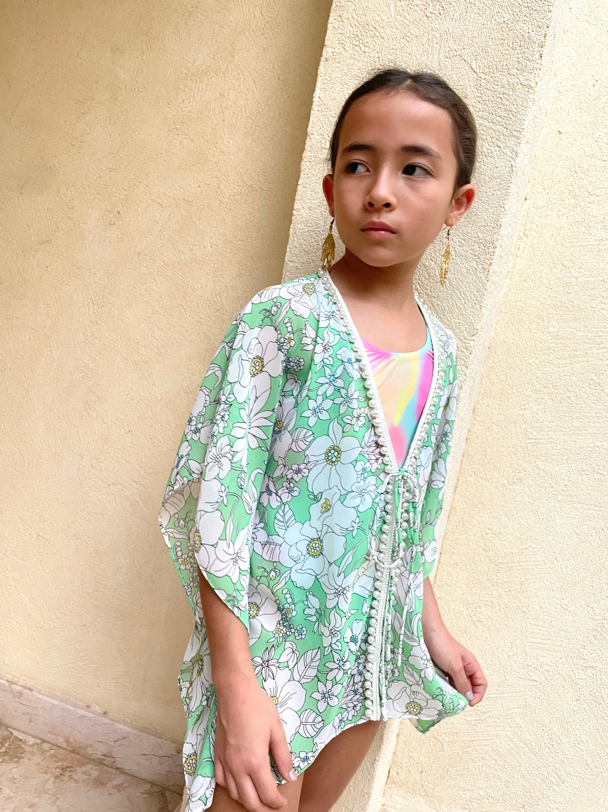 Leilani green girls kaftan for ages 8 to 10 – lightweight beach cover up handmade in Bali, for girls in Dubai