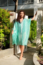 Load image into Gallery viewer, Luxury green snake print kaftan with metallic beadwork, sheer crepe chiffon beachwear in Dubai
