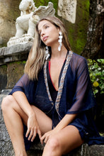 Load image into Gallery viewer, Crystal-trimmed navy kaftan, Dubai-ready beach cover-up for stylish resort lounging