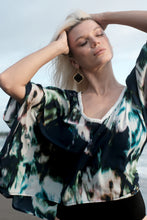 Load image into Gallery viewer, Lightweight navy kaftan top with white hand-sewn neckline trim for women looking for beach kaftan top in Dubai