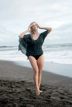 Load image into Gallery viewer, Dark green beach kaftan with Indian motif and gold trim – luxury cover-up Dubai
