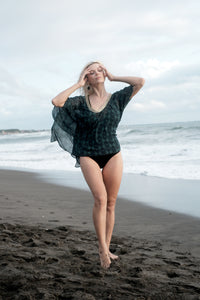 Dark green beach kaftan with Indian motif and gold trim – luxury cover-up Dubai
