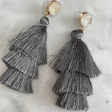 Load image into Gallery viewer, Lightweight 3-tier silk thread tassel earrings with druzy resin accents in dark grey
