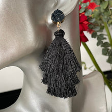 Load image into Gallery viewer, Lightweight 3-tier silk thread tassel earrings with druzy resin accents in black