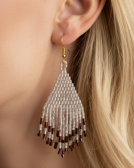 Bali artisan silver and brown beaded earrings, perfect statement handmade earrings for Dubai's fashion lovers

