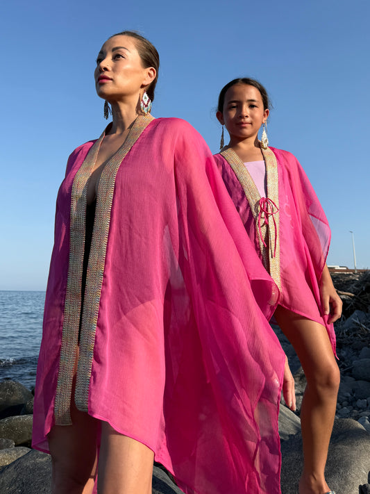 Lara women and girls pink chiffon matching kaftan set for Dubai beachwear